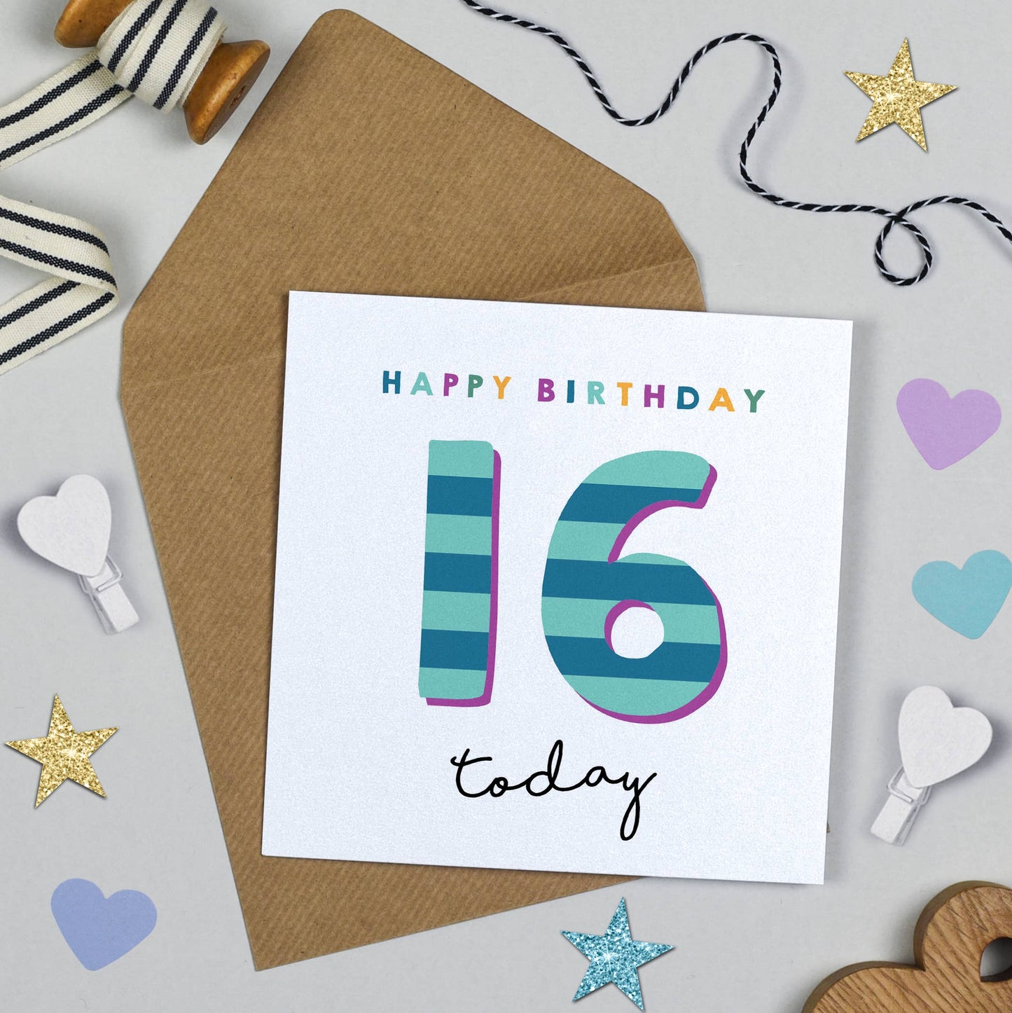 Birthday card with 'Happy Birthday 16 today' text on a decorative background with ribbons and stars.