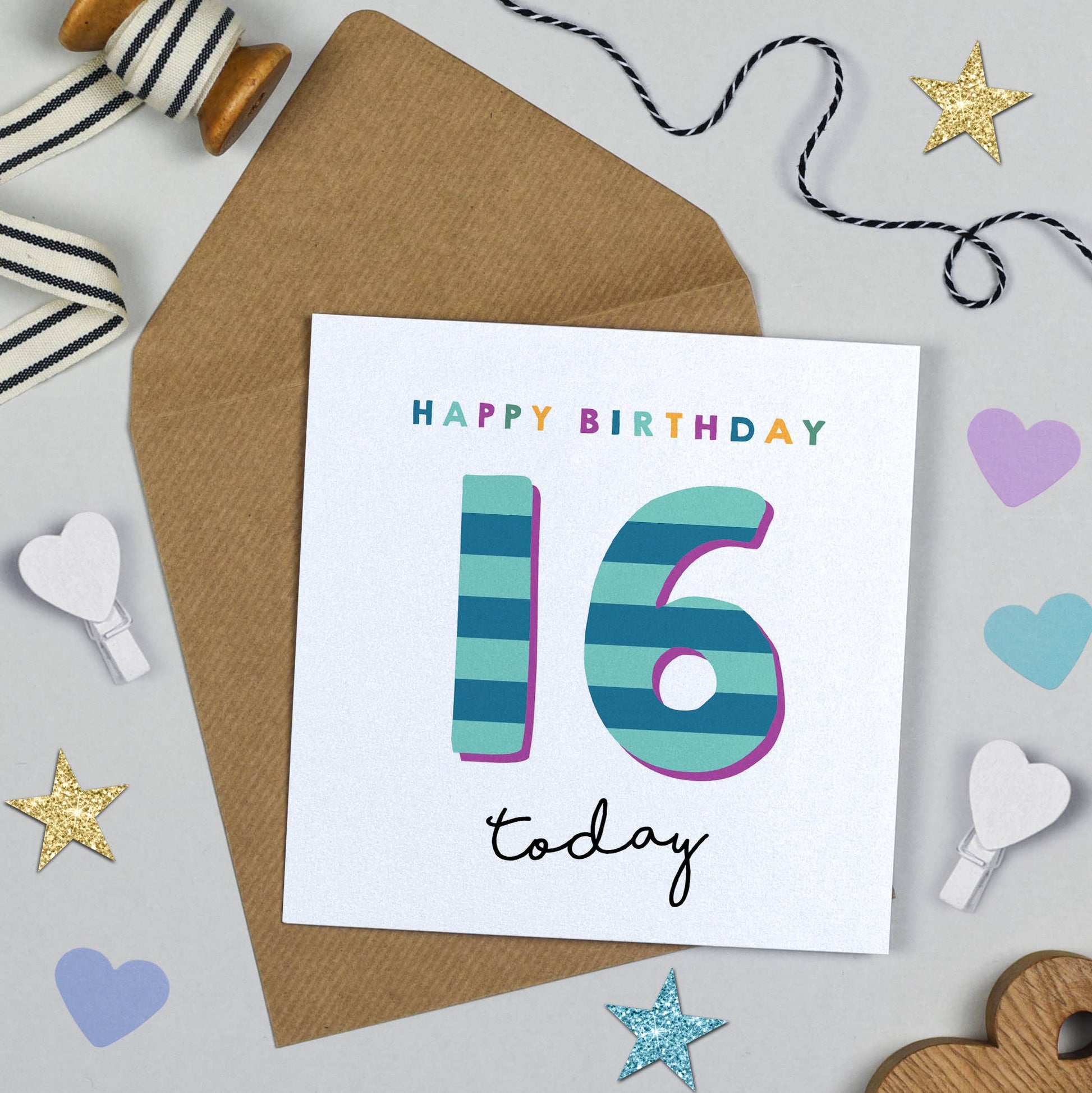 Birthday card with 'Happy Birthday 16 today' text on a decorative background with ribbons and stars.