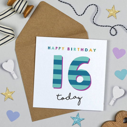Birthday card with 'Happy Birthday 16 today' text on a decorative background with ribbons and stars.