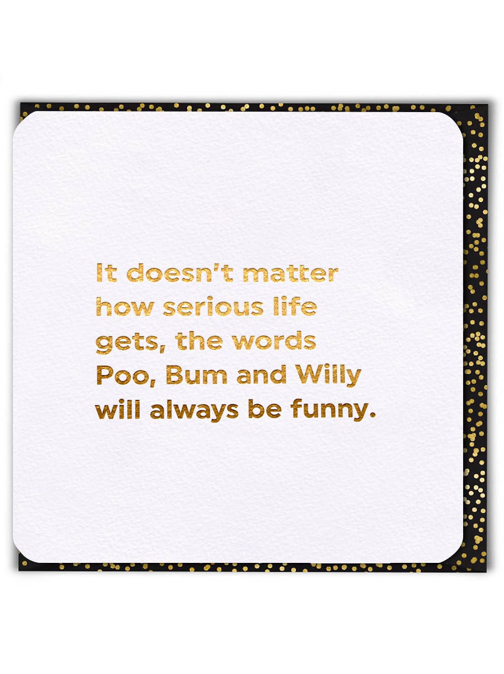 White card with gold text and black border