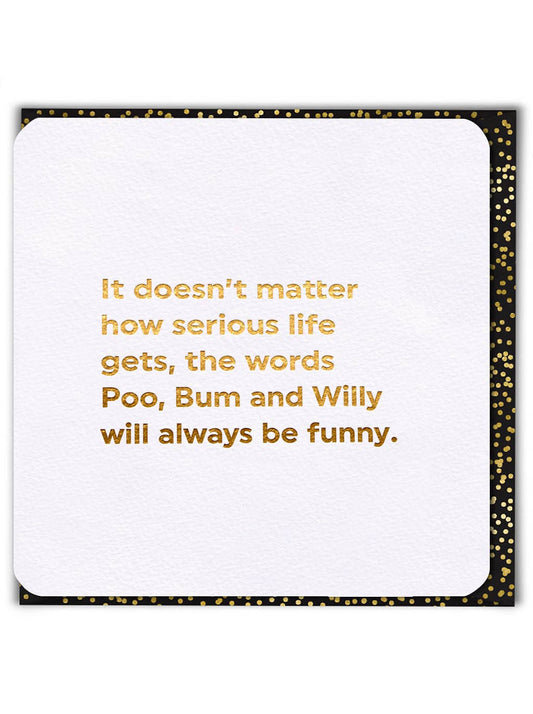 White card with gold text and black border