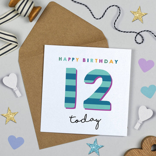 Birthday card with 'Happy Birthday 12 today' text on a white background with decorative items.
