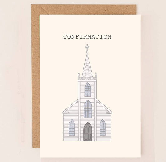 A card with a church and the word Confirmation on it with a kraft envelope.