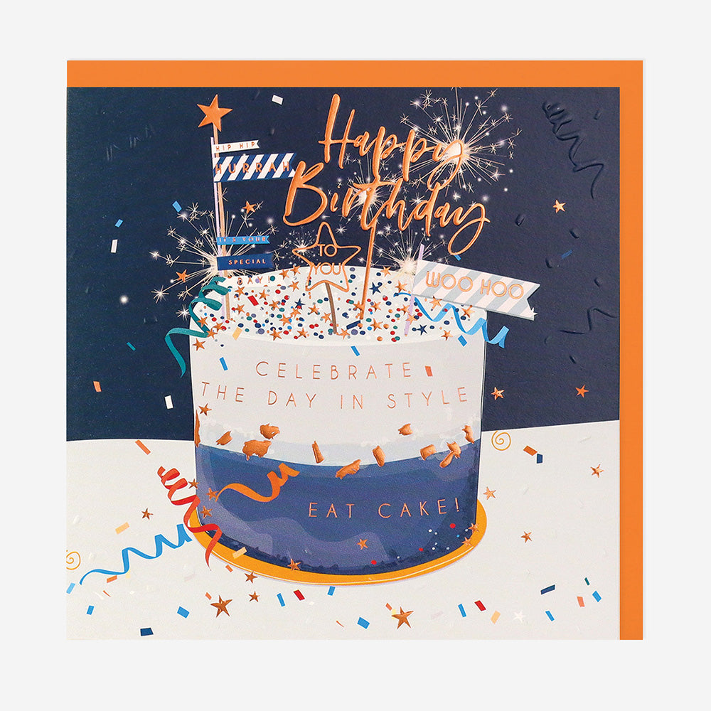 Greeting card with a colorful illustration of a birthday cake and sparklers, along with 'Happy Birthday' and 'Celebrate the Day in Style' text.