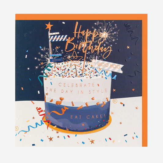 Greeting card with a colorful illustration of a birthday cake and sparklers, along with 'Happy Birthday' and 'Celebrate the Day in Style' text.