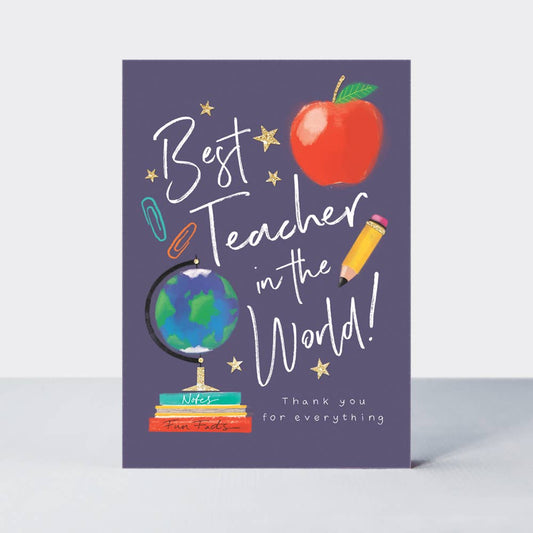 A greeting card with a purple background featuring an illustration of an apple, pencils, and a world map with the text 'Best Teacher in the World!' and 'Thank You for Everything!'.