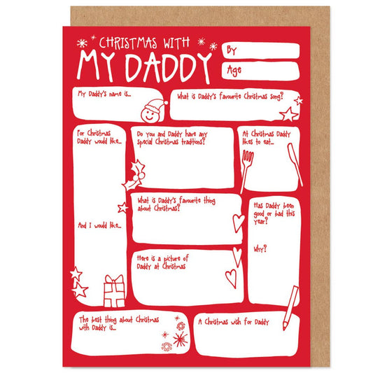 Christmas questionnaire card for children to fill out about their father on a red background with white text.