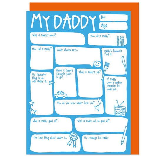 A colorful fill-in-the-blanks greeting card for Father's Day or birthdays, with various prompts for personal messages and a space for an illustration or photo.