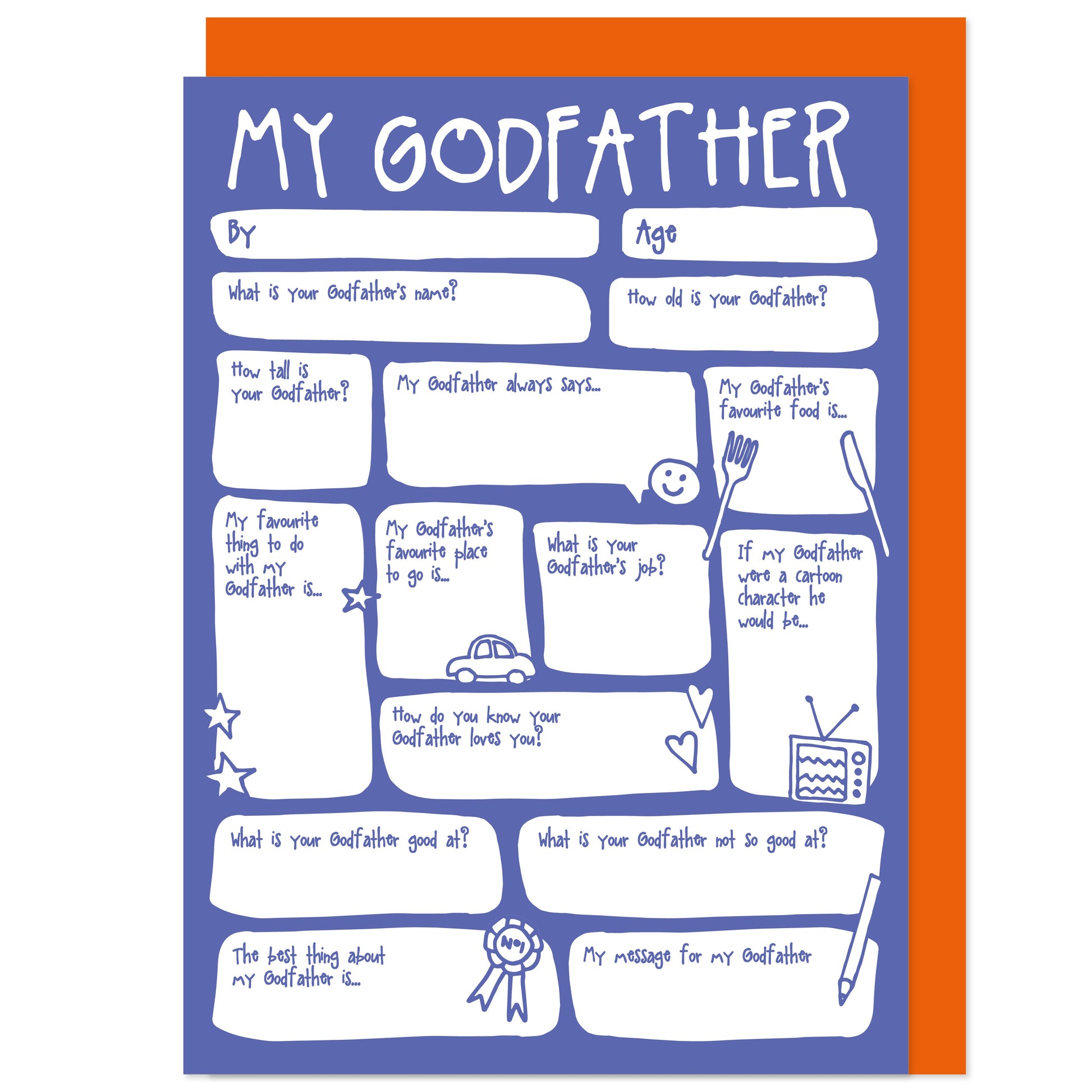 A colorful fill-in-the-blanks greeting card with a blue background and orange envelope. The card contains various questions for personalization and is titled 'MY GODFATHER'.