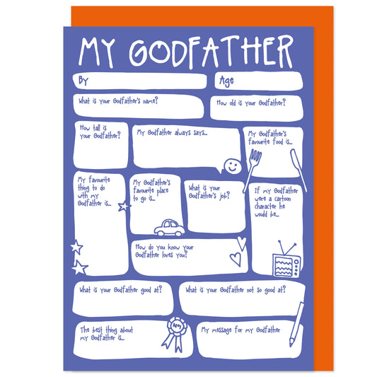 A colorful fill-in-the-blanks greeting card with a blue background and orange envelope. The card contains various questions for personalization and is titled 'MY GODFATHER'.