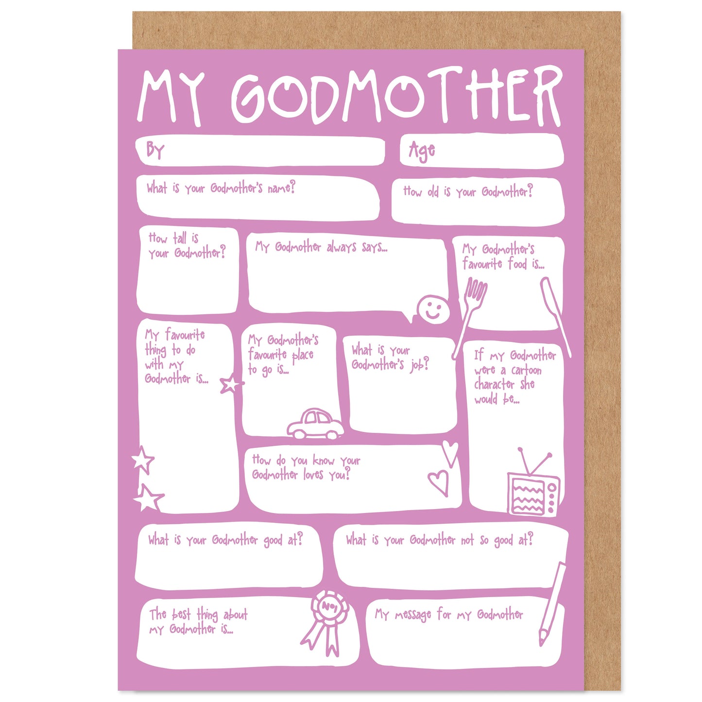 A colorful fill-in-the-blanks birthday or Mother's Day card with various questions and spaces for personal answers, displayed on a card with a kraft envelope.