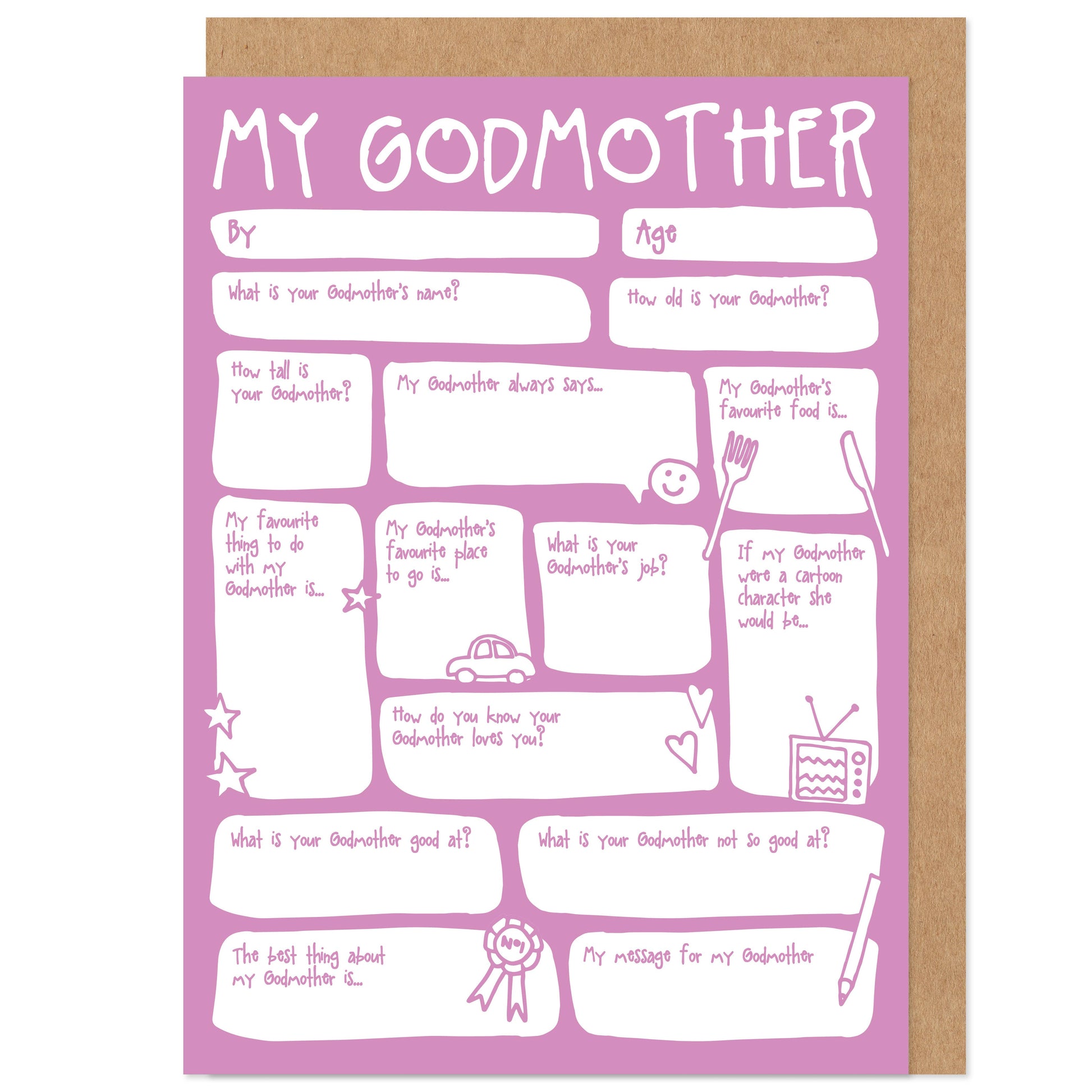 A colorful fill-in-the-blanks birthday or Mother's Day card with various questions and spaces for personal answers, displayed on a card with a kraft envelope.