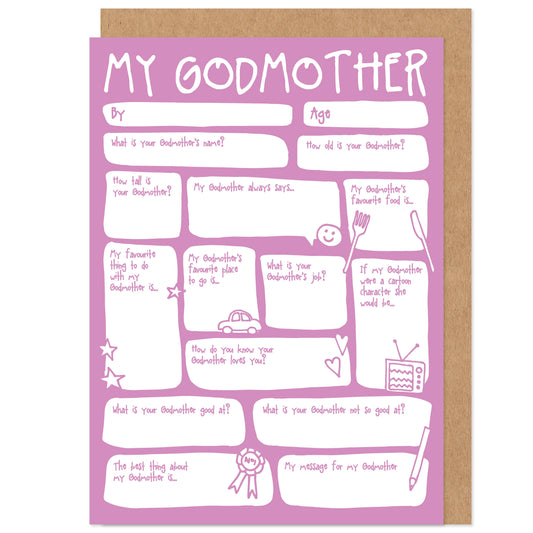 A colorful fill-in-the-blanks birthday or Mother's Day card with various questions and spaces for personal answers, displayed on a card with a kraft envelope.