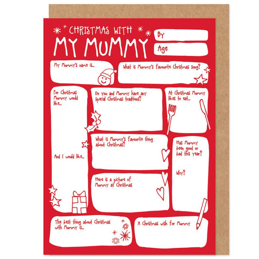 Christmas questionnaire card for children to fill out about their mommy on a red background with white text.