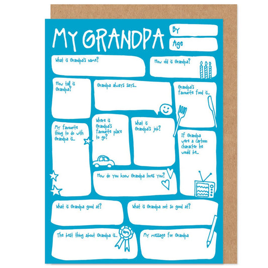 A greetings card with a blue fill-in-the-blanks template for writing a message to a grandpa, with various prompts such as 'What is your favorite hobby?' and 'What is your favorite food?'. The card is blank inside for a personal message.