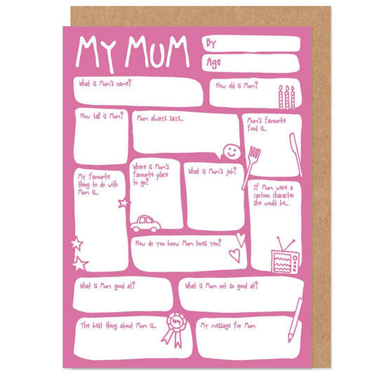 A personalised greetings card with fill in the blanks sections for various messages to a Mum, with a pink background and a brown kraft envelope.