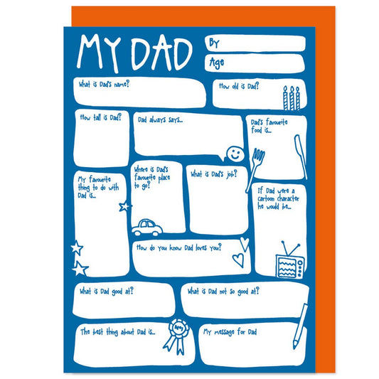A colorful fill-in-the-blanks style greeting card for Father's Day or birthdays, with various questions for the user to answer, printed on an orange envelope.