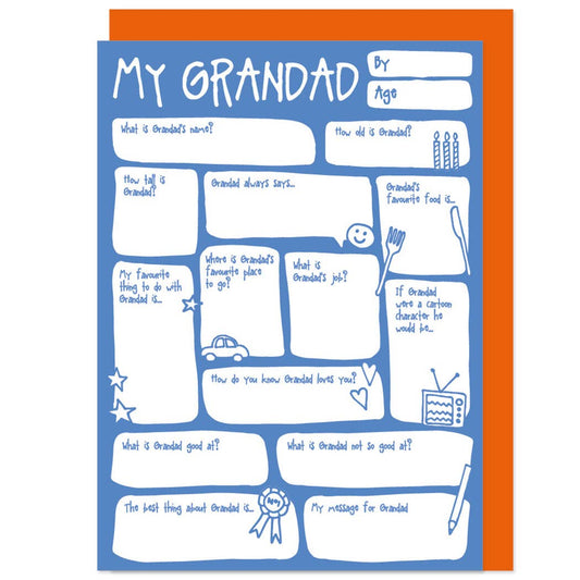 A colorful fill-in-the-blanks card with various prompts for writing a personal message to a grandfather, with an orange envelope.