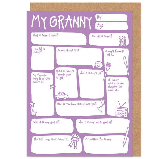 A purple greetings card with 'My Granny' printed at the top, featuring various fill-in-the-blank sections with questions and spaces for personal answers, along with an illustration of a granny and a kraft envelope.