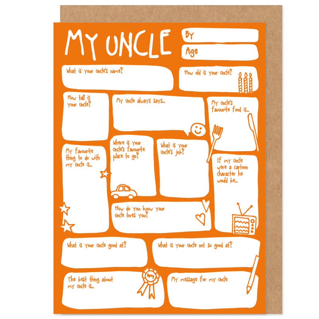 A personalised greetings card with fill-in-the-blanks sections in various colors, with a brown kraft envelope.