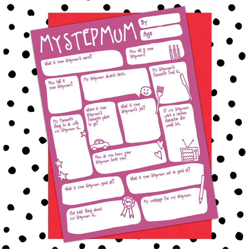 A pink greetings card with 'MY STEPMUM' written at the top, containing various fill-in-the-blank questions and spaces for a personal message, accompanied by a brown kraft envelope, against a polka dot background.
