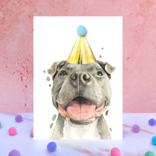 Staffie Party Hat Greeting Card