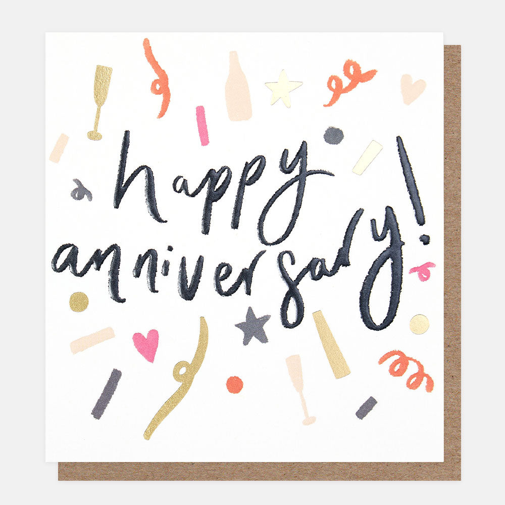 Greeting card with 'Happy Anniversary!' text and celebratory illustrations on a white background.