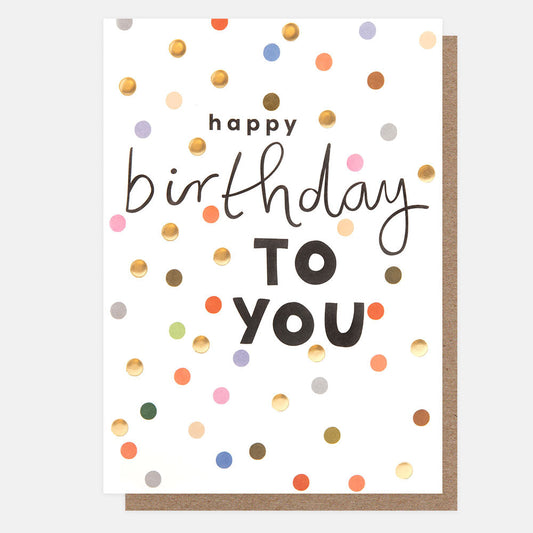 Birthday card with colorful dots and 'happy birthday to you' text on a white background