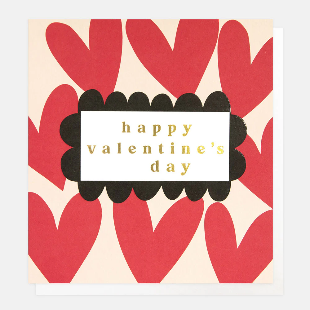 Valentine's Day card with red heart pattern and 'happy Valentine's day' text.
