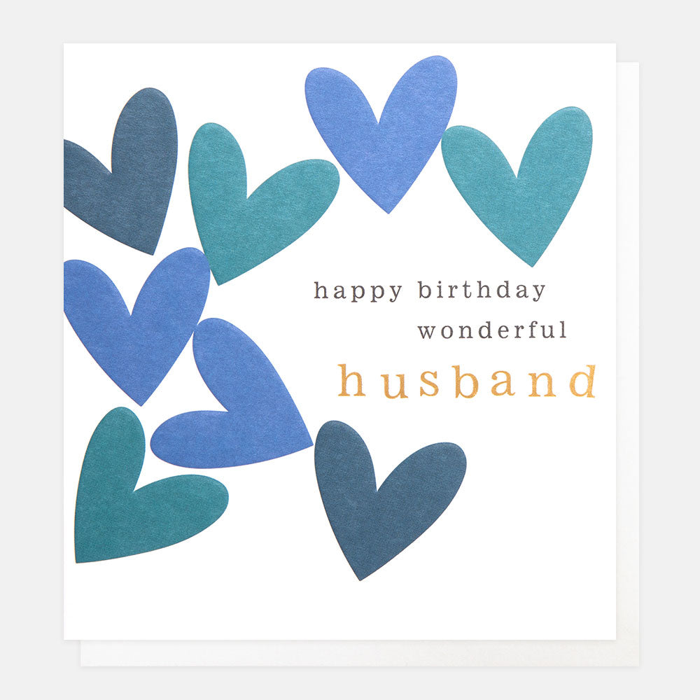 Greeting card with blue hearts and 'happy birthday wonderful husband' text on a white background