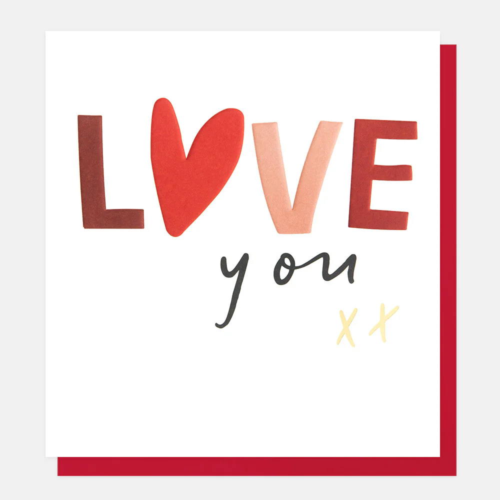 Card with 'I love you' text in colorful letters on a white background