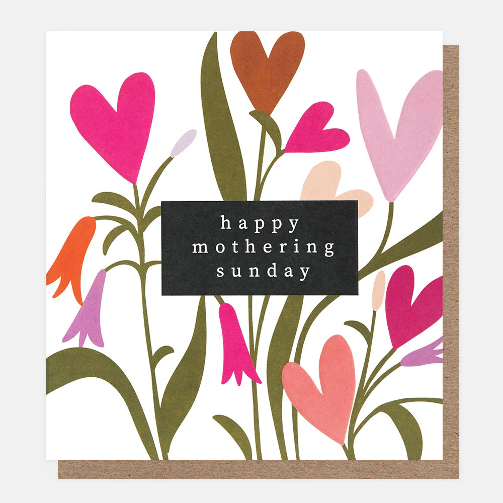 Greeting card with floral design and 'happy mothering sunday' text on a white background