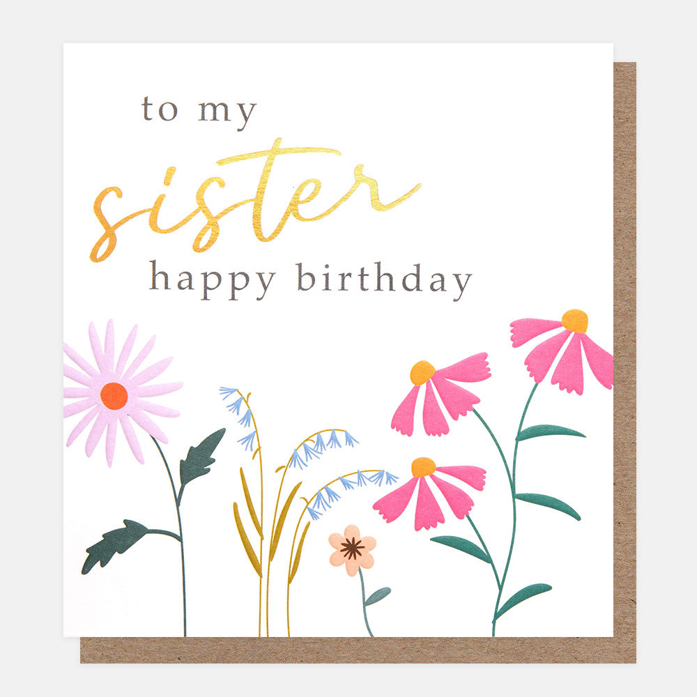 Birthday card for sister with floral design and text on a white background