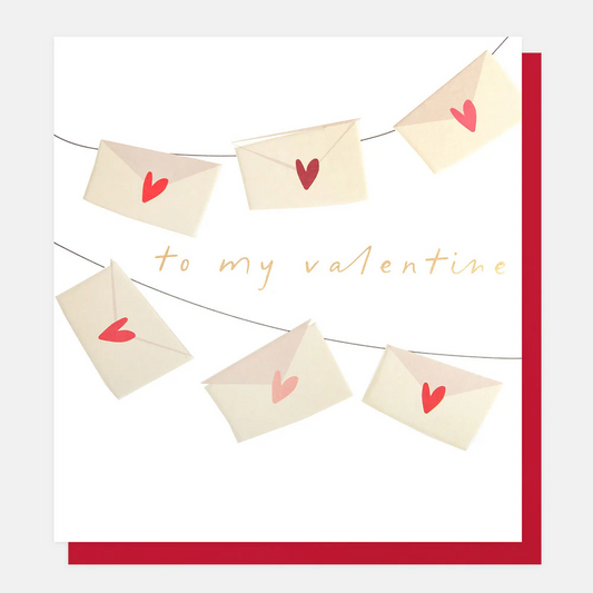 Valentine's Day card with envelopes and hearts on a string, featuring the text 'to my Valentine'.