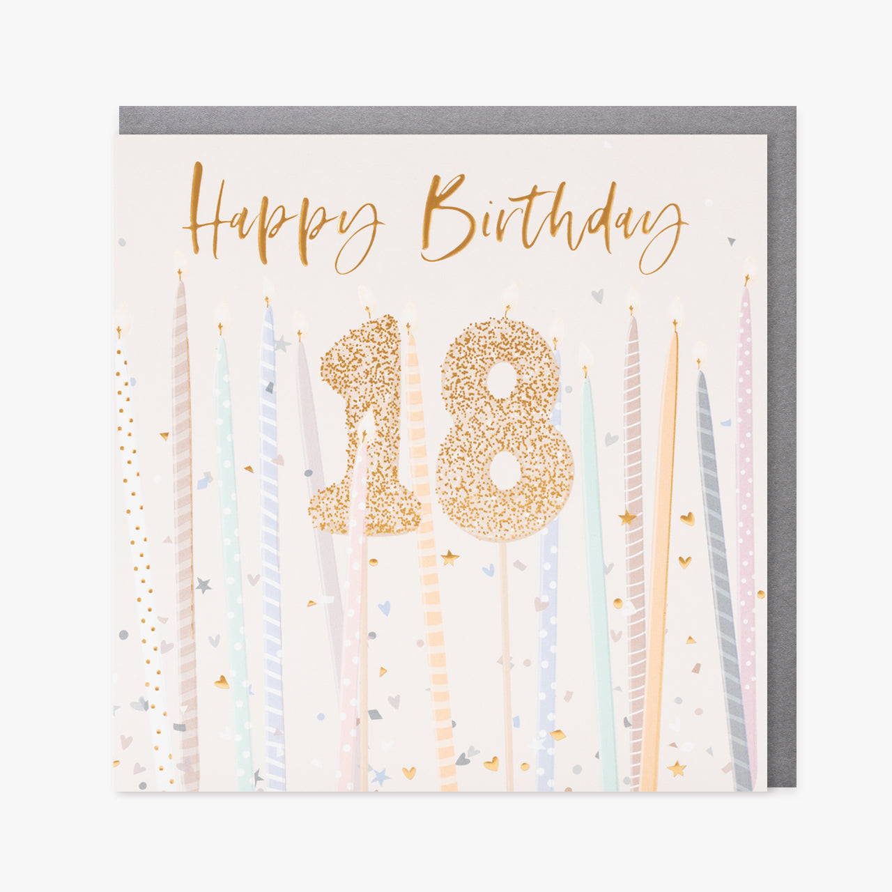 A cream card with tall candles and a gold 18 candle in the middle.  Gold writing saying "Happy Birthday" is at the top.  We can see a silver envelope inside.