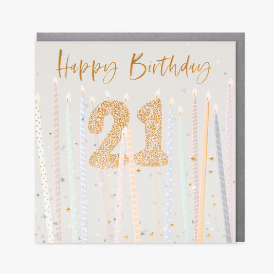 A cream card with tall candles and a gold 21 candle in the middle.  Gold writing saying "Happy Birthday" is at the top.  We can see a silver envelope inside.