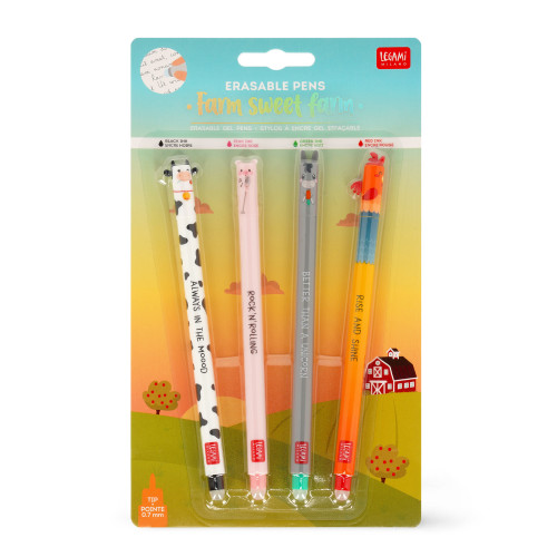 Legami Farm Sweet Erasable Gel Pens – Set of 4 (Cow, Pig, Donkey, Rooster)