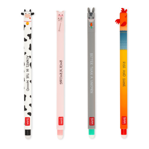 Legami Farm Sweet Erasable Gel Pens – Set of 4 (Cow, Pig, Donkey, Rooster)