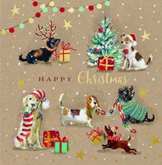 Festive Dogs - Pack of 10 Gold Foiled Christmas Cards