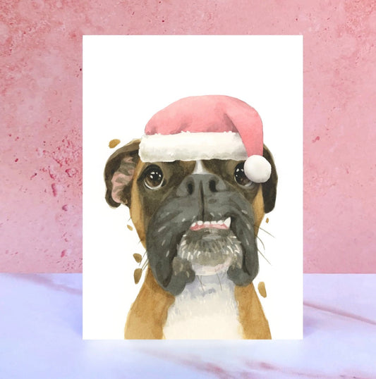 Boxer Santa Hat Christmas Card