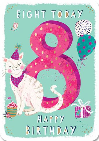 Age 8 Cat in a Party Hat Birthday Card