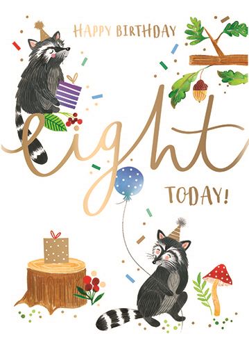 Age 8 Racoon Party Birthday Card