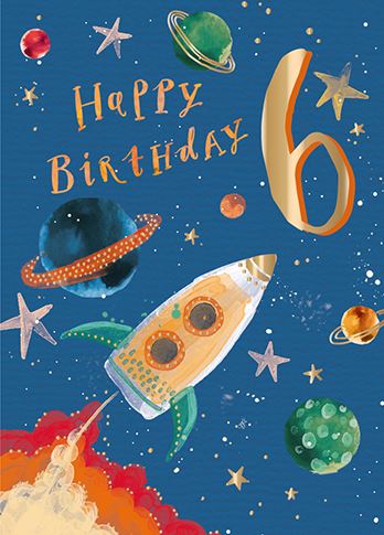 6th Birthday Rocket and Space Greeting Card