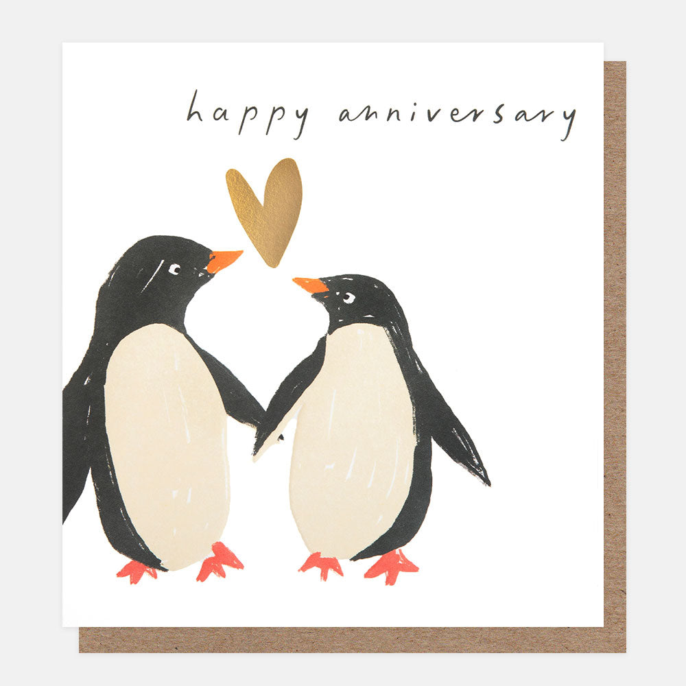 Card with two penguins holding a heart and 'happy anniversary' text on a white background.