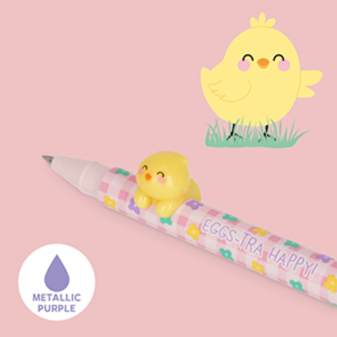 Pen with a chick design on a pink background
