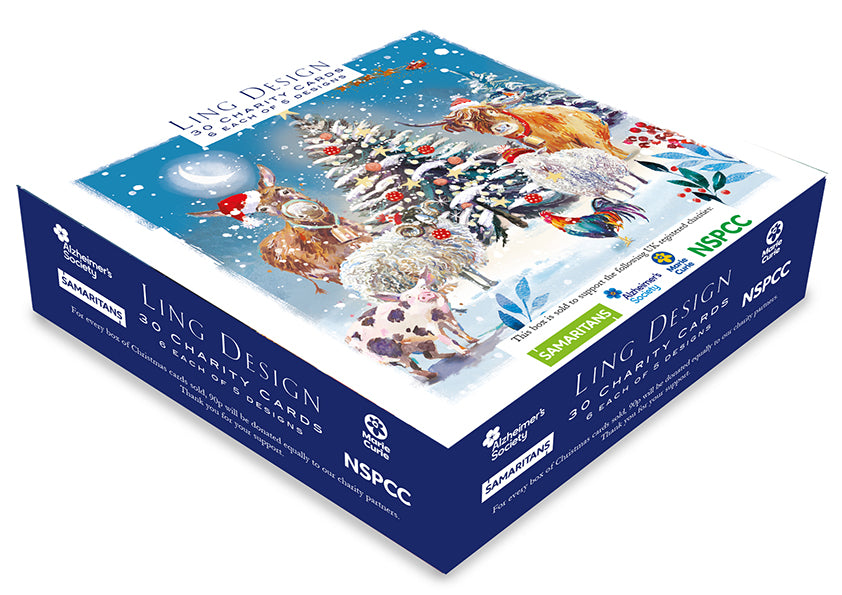 Box of Ling Design NSPCC charity cards with a colorful illustration on a blue background