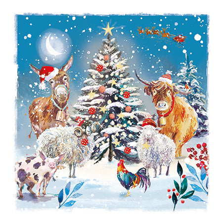 Illustration of farm animals around a Christmas tree with festive decorations.
