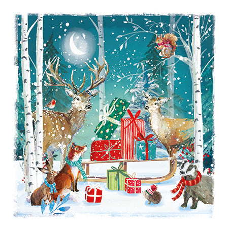 Illustration of deer and other animals in a snowy forest with Christmas presents.