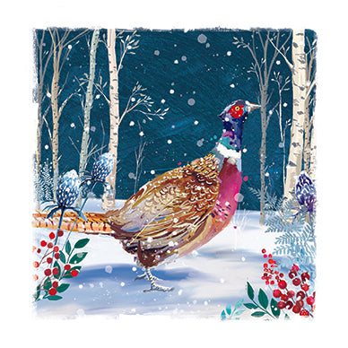 Colorful pheasant in a snowy forest scene with birch trees and berries.