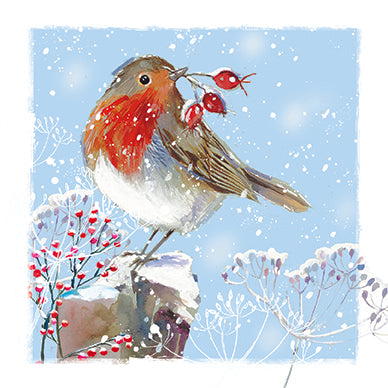 Illustration of a robin with berries on a snowy background